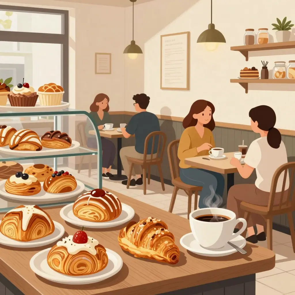 A vibrant illustration showcasing a cozy cafe with baked goods and customers enjoying their time.