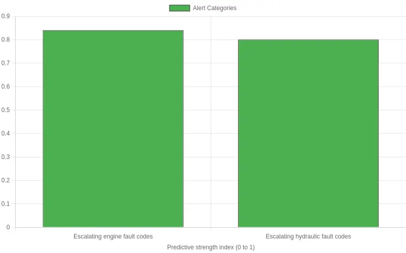 Horizontal bar chart ranking alert categories by their correlation with unplanned downtime, with escalating fault codes and overheating trends at the top.