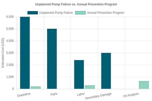 Grouped bar chart comparing the estimated cost of an unplanned hydraulic pump failure against an annual prevention program across downtime, parts, labor, secondary damage, and oil analysis