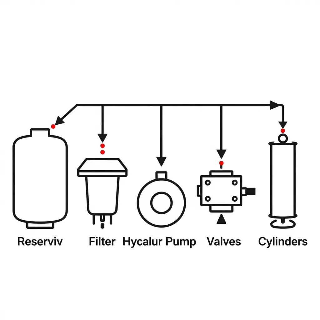 Schematic diagram showing contaminant flow through an excavator hydraulic system: Reservoir to Filter to Hydraulic Pump to Valves to Cylinders, with red particles entering at the reservoir breather, filter bypass, and cylinder rod seals