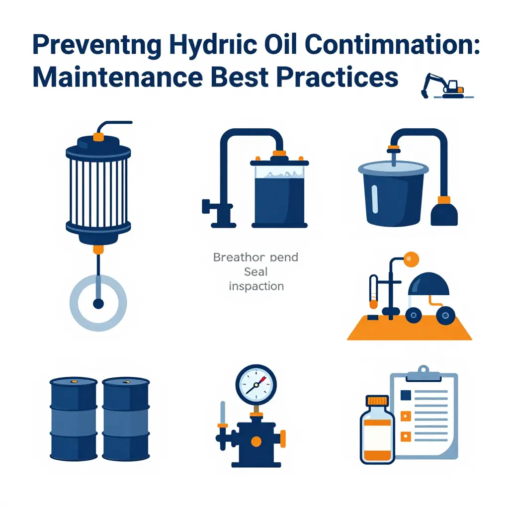 Infographic showing a six-point preventive maintenance checklist for excavator hydraulic systems, including hydraulic filter replacement, clean fluid transfer, breather and seal inspection, proper oil storage, temperature monitoring, and oil analysis
