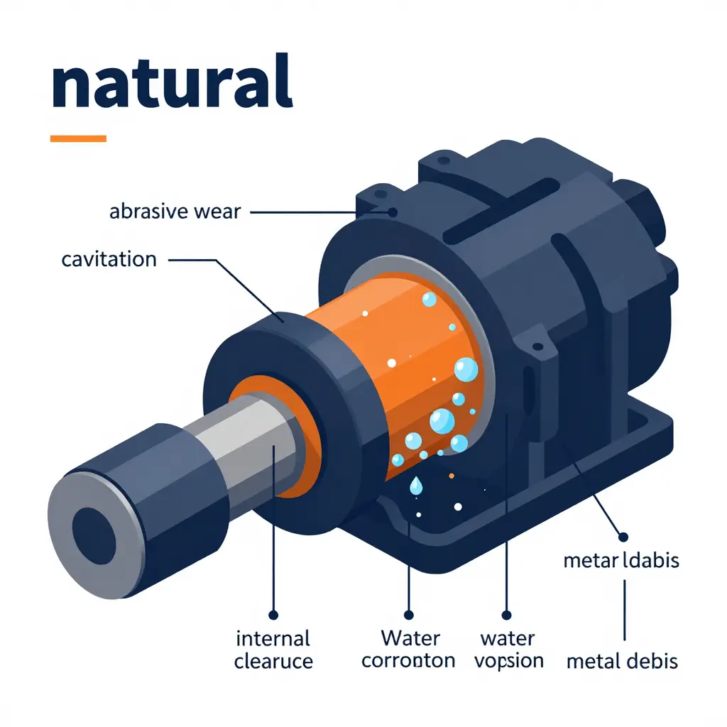 Cutaway diagram of an excavator hydraulic pump showing abrasive particles, water, cavitation bubbles, and tight internal clearances
