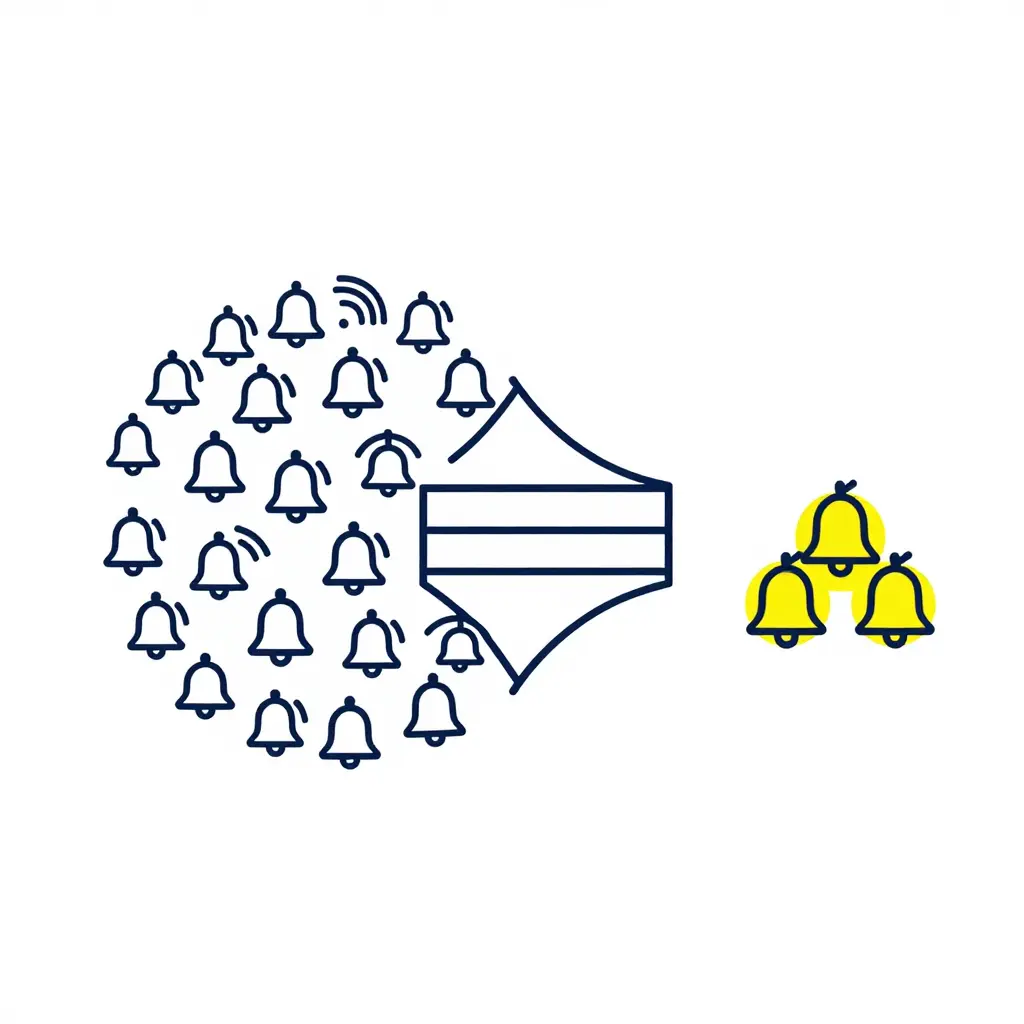 Minimalist two-dimensional schematic showing a large cluster of alert bell icons on the left flowing through a funnel-shaped filter in the middle, emerging as a small set of highlighted signal icons on the right