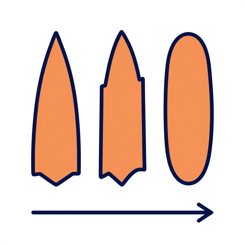 Flat 2D vector diagram showing a dough divider blade wearing from a sharp new edge on the left to a rounded worn edge on the right, with an arrow beneath indicating the direction of shifting portion weight