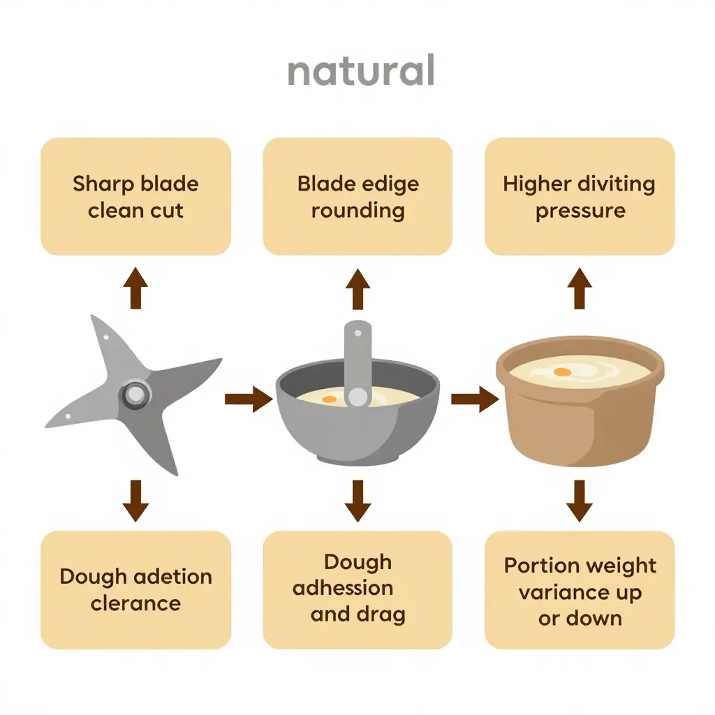 Flowchart showing how blade edge rounding leads to growing cutting clearance, dough adhesion, higher dividing pressure, and portion weight variance