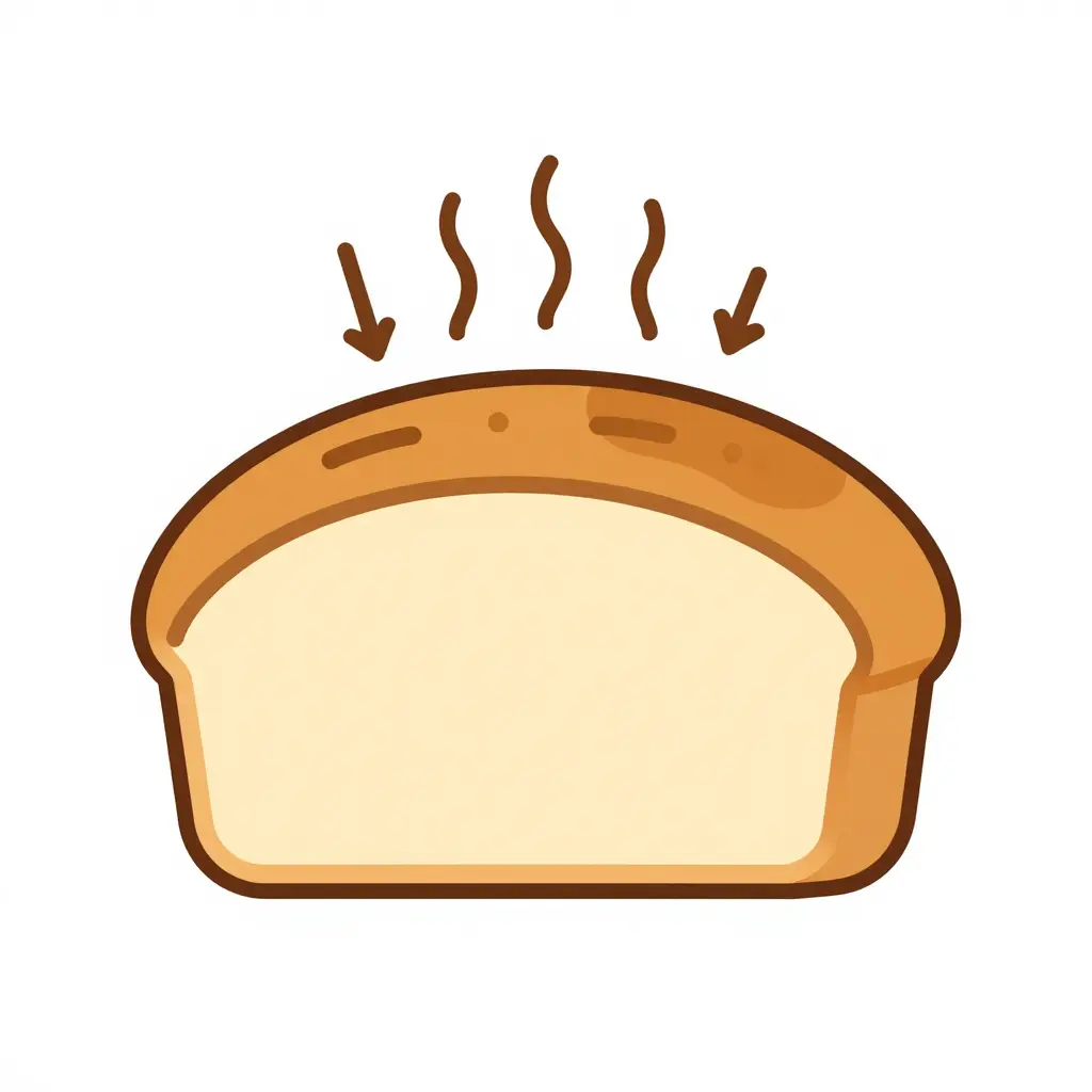 Cross-section schematic of a single pan dulce showing a distinct egg wash surface layer, with arrows indicating heat radiating downward onto the surface and airflow moving across the top, illustrating the principle of surface browning only.