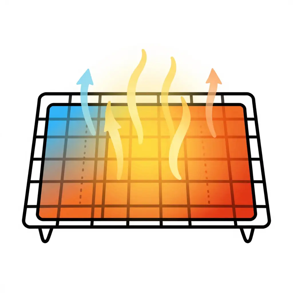 Flat 2D schematic of an oven rack divided into asymmetric heat zones with curved airflow and convection arrows showing uneven heat distribution