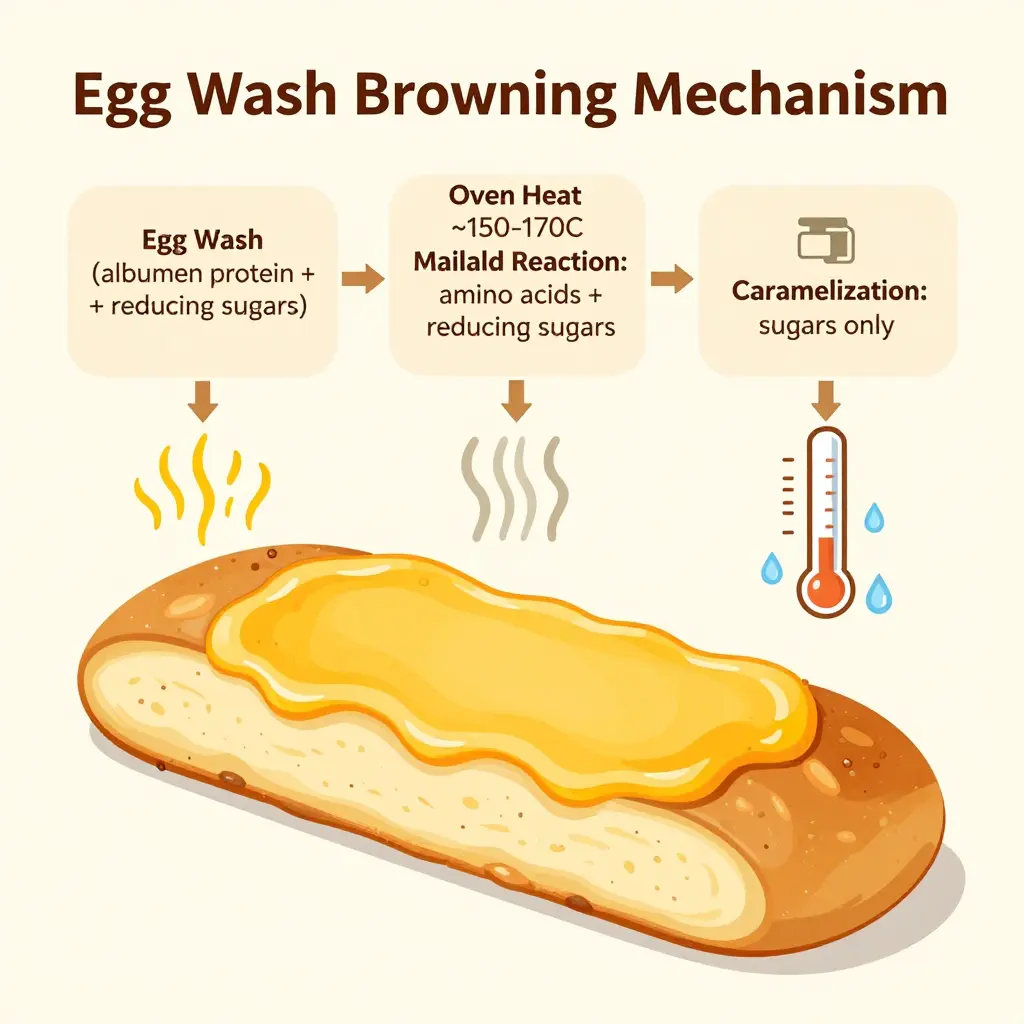 Diagram of the egg wash browning mechanism showing Maillard reaction and caramelization pathways driven by albumen protein and reducing sugars under oven heat