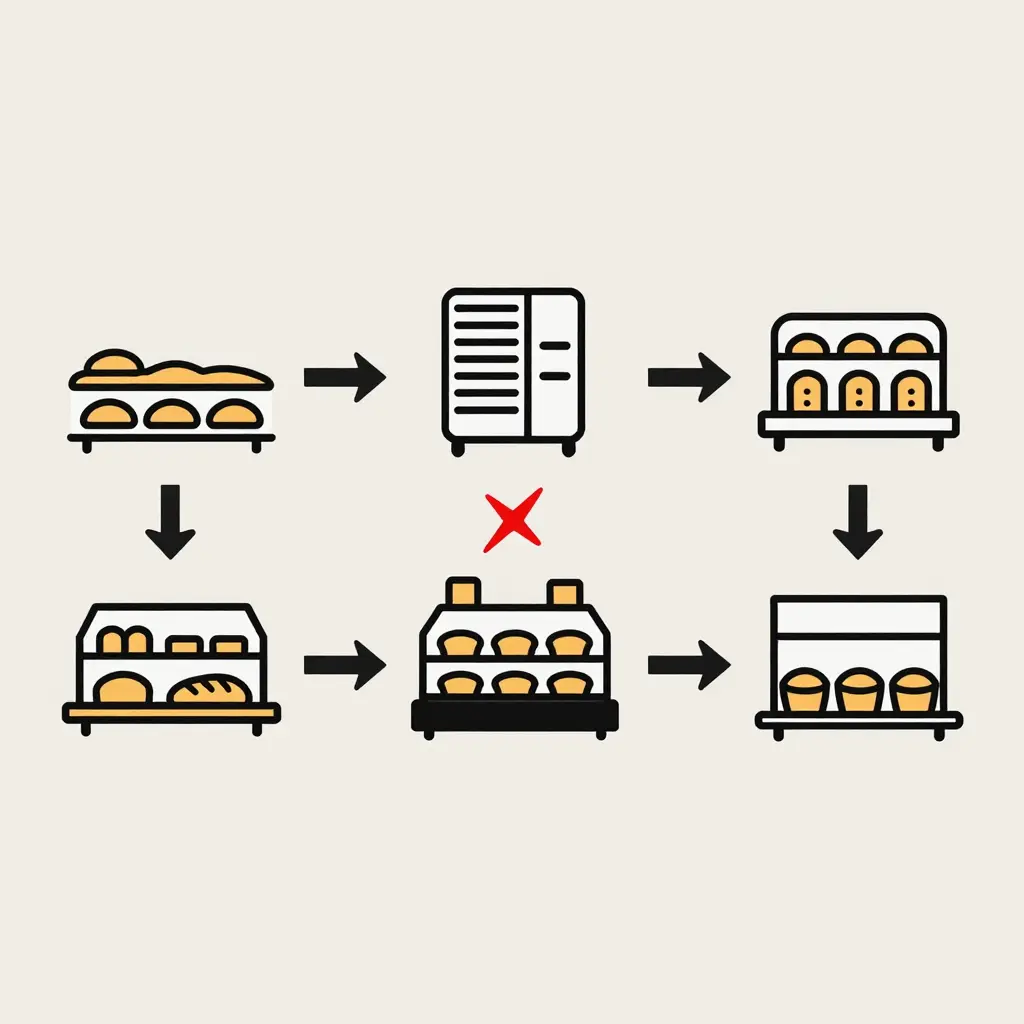 Clean, minimalist flat schematic of the cafe pastry-case morning flow, showing first bake, transfer to case, sell-through, mid-morning re-bake, and second restock connected by forward arrows, with a bold red break marker highlighting the gap between the first bake and the mid-morning re-bake.