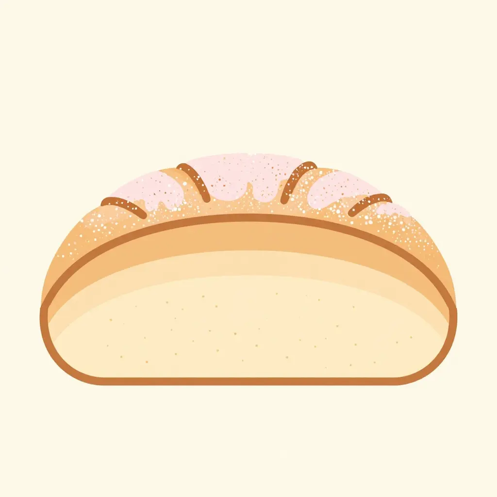 Simple 2D flat diagram of a concha cross-section showing the soft inner crumb, the sugar-flour topping shell, and the thin crust boundary line between them
