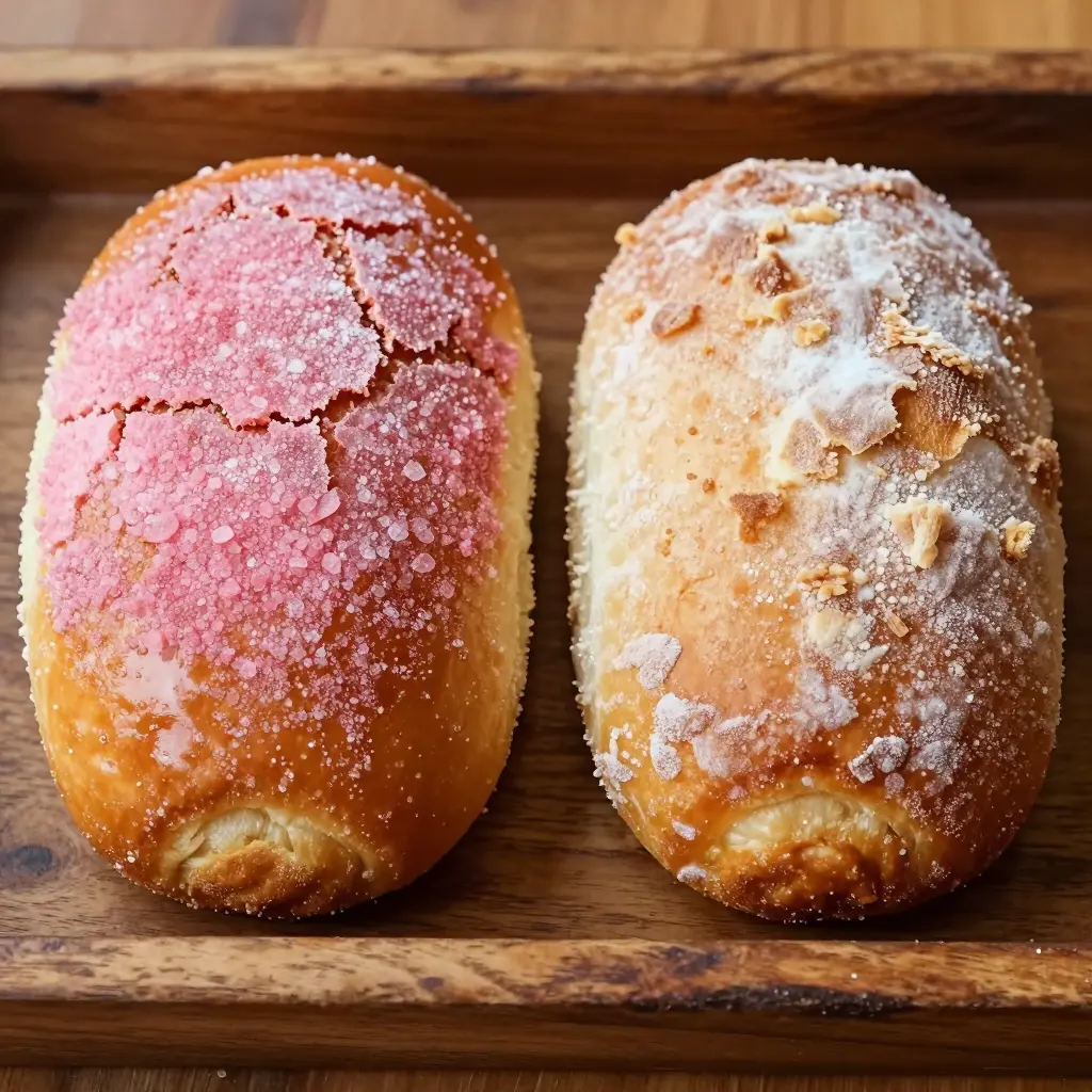A fresh concha with a glossy, crackled sugar shell next to a dull, stale one on a bakery tray
