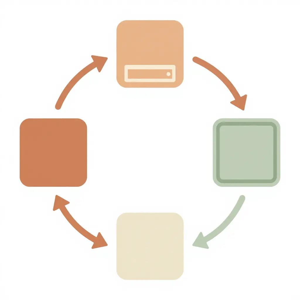 A simple 2D flat diagram showing a circular bakery tray rotation loop: baking flows to a display tray, then to customer pickup, then to restocking, and back to baking.