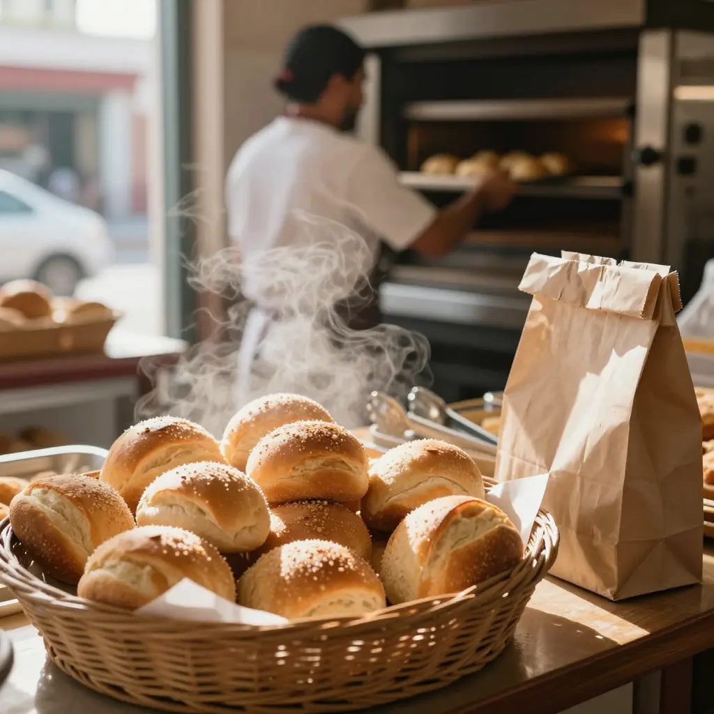 Fresh golden bolillo rolls cooling in a basket at a neighborhood Mexican bakery