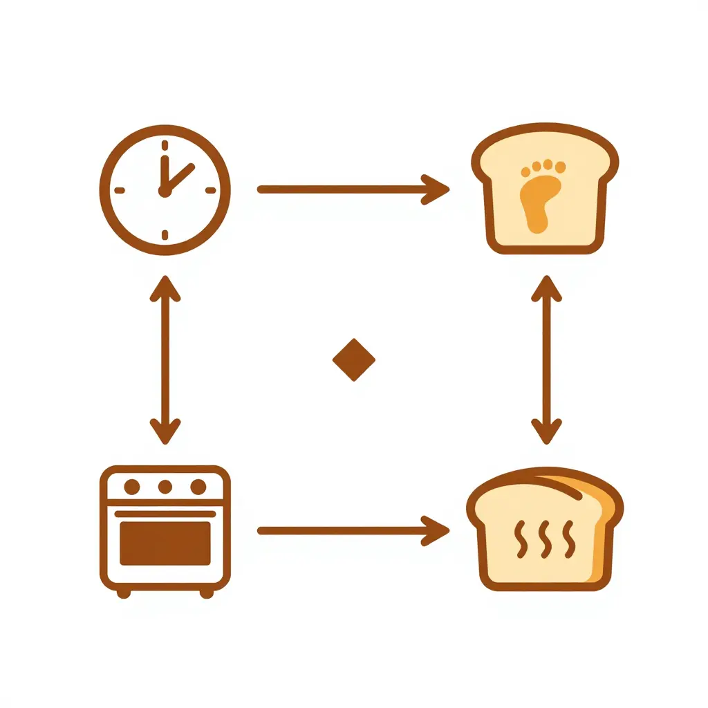 Schematic 2D flow diagram showing a decision sequence for timing a bakery visit: check the time, confirm the bake schedule, arrive shortly after a bake, and select the warm bread, linked by clean arrows with simple icons and no text