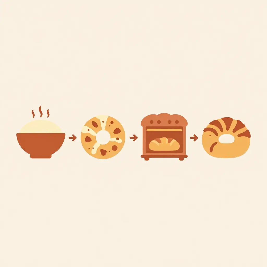 Flat schematic of a linear Rosca de Reyes baking timeline showing four icon nodes linked by an arrow: proofing dough, egg-wash and candied fruit placement, baking, and cooling and glazing
