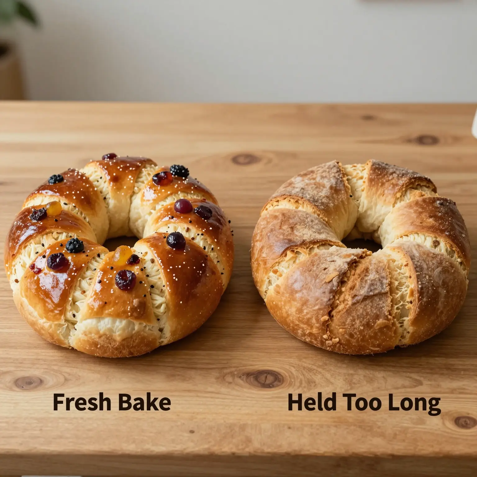 Side-by-side comparison of two Rosca de Reyes breads: a fresh one with a high mirror-like glossy lacquered crust labeled 'Fresh Bake', and a stale one with a dull matte flaky surface labeled 'Held Too Long'.